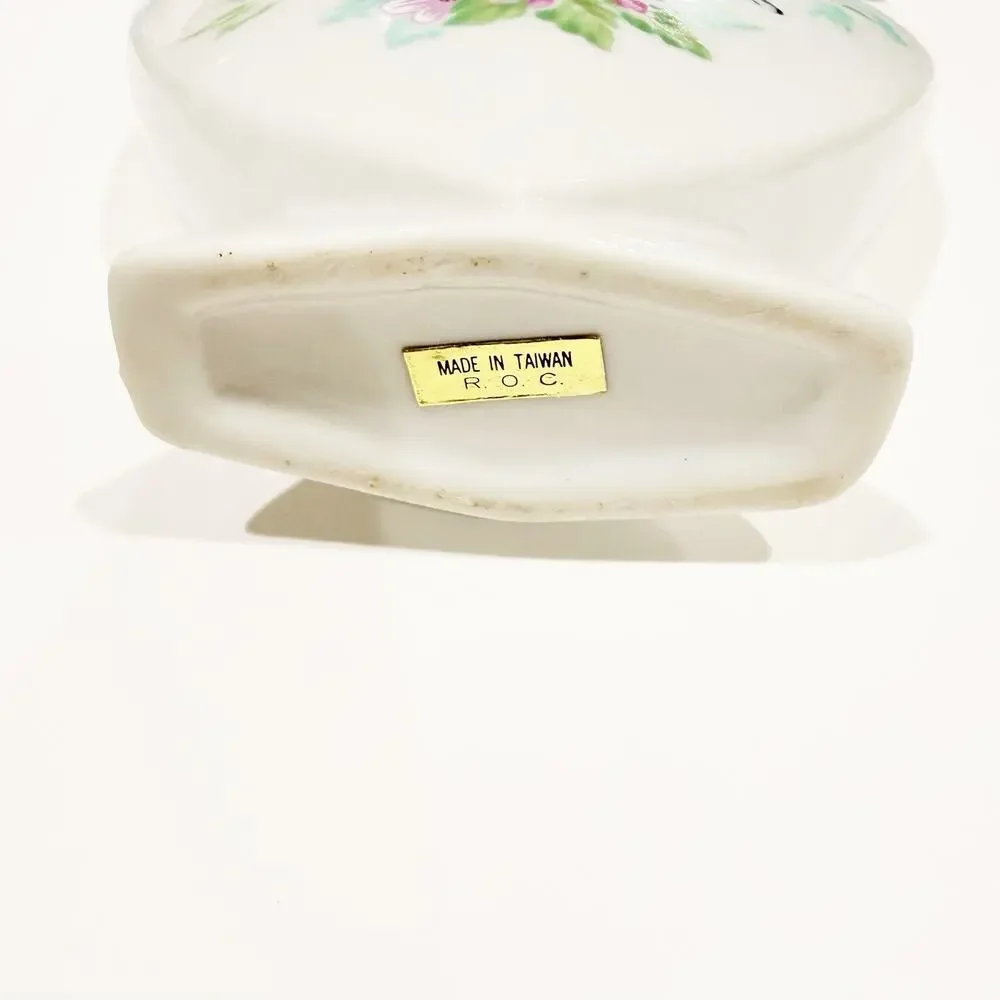 Vintage Bluebird Heart Shaped Ceramic Bud Vase Pink Floral Cherry Blossom White